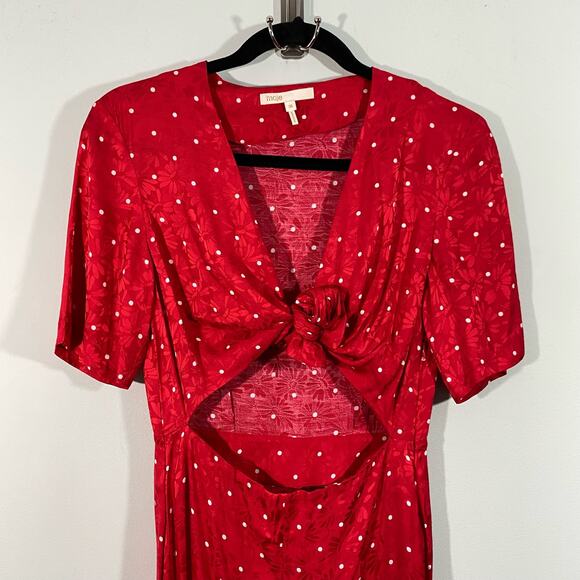 Maje Women's Red Polka Dot Textured Floral Tie Front Cutout Midi Dress Size 36 - Picture 3 of 9
